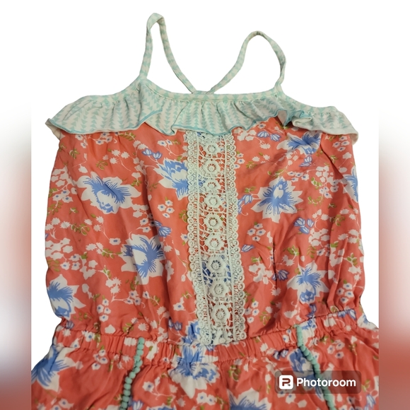 Matilda Jane Girls Romper Size 14 Lightweight Orange Blue Lace Ruffle - Picture 6 of 6